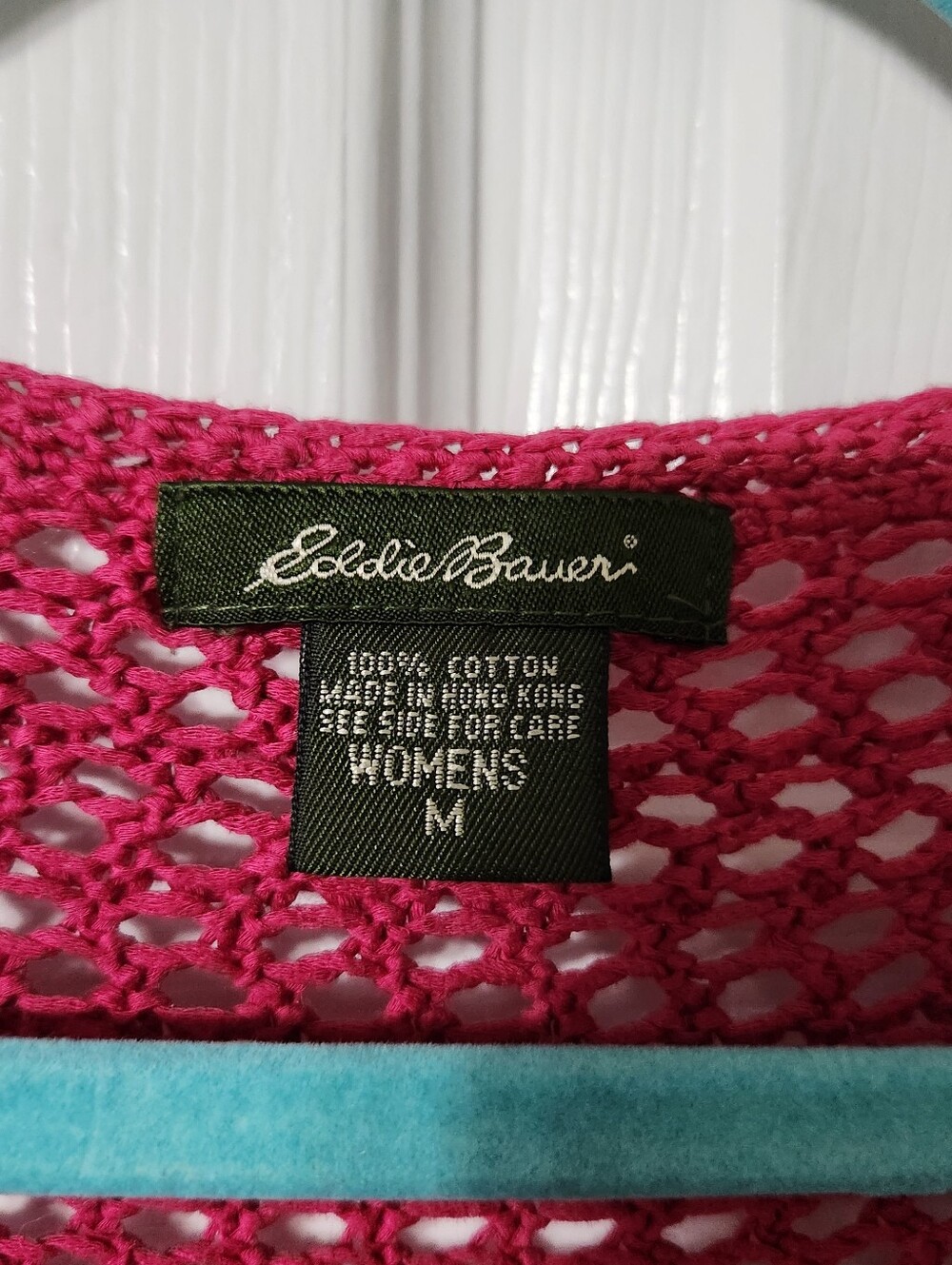 Eddie Bauer Fuchsia Open-Knit Crocheted Button Front Cardigan, Size M - Picture 2 of 5